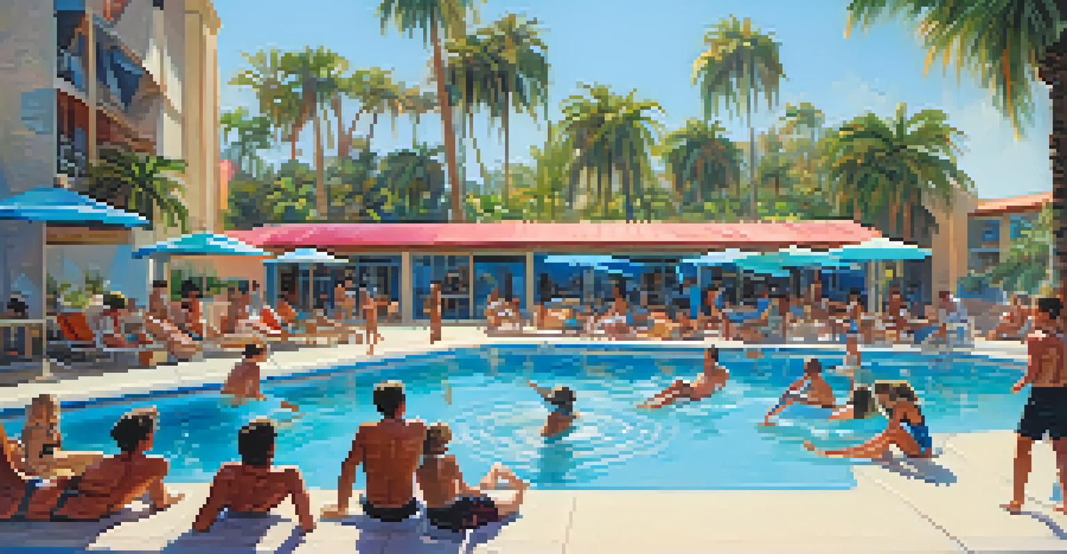 Teens having fun at a vibrant hotel pool surrounded by palm trees.
