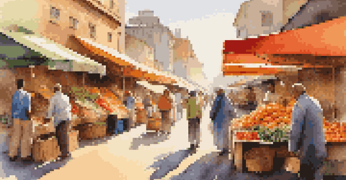 A colorful market scene viewed from a low angle, showcasing stalls of fruits and vegetables with people shopping, illuminated by the warm light of the golden hour.