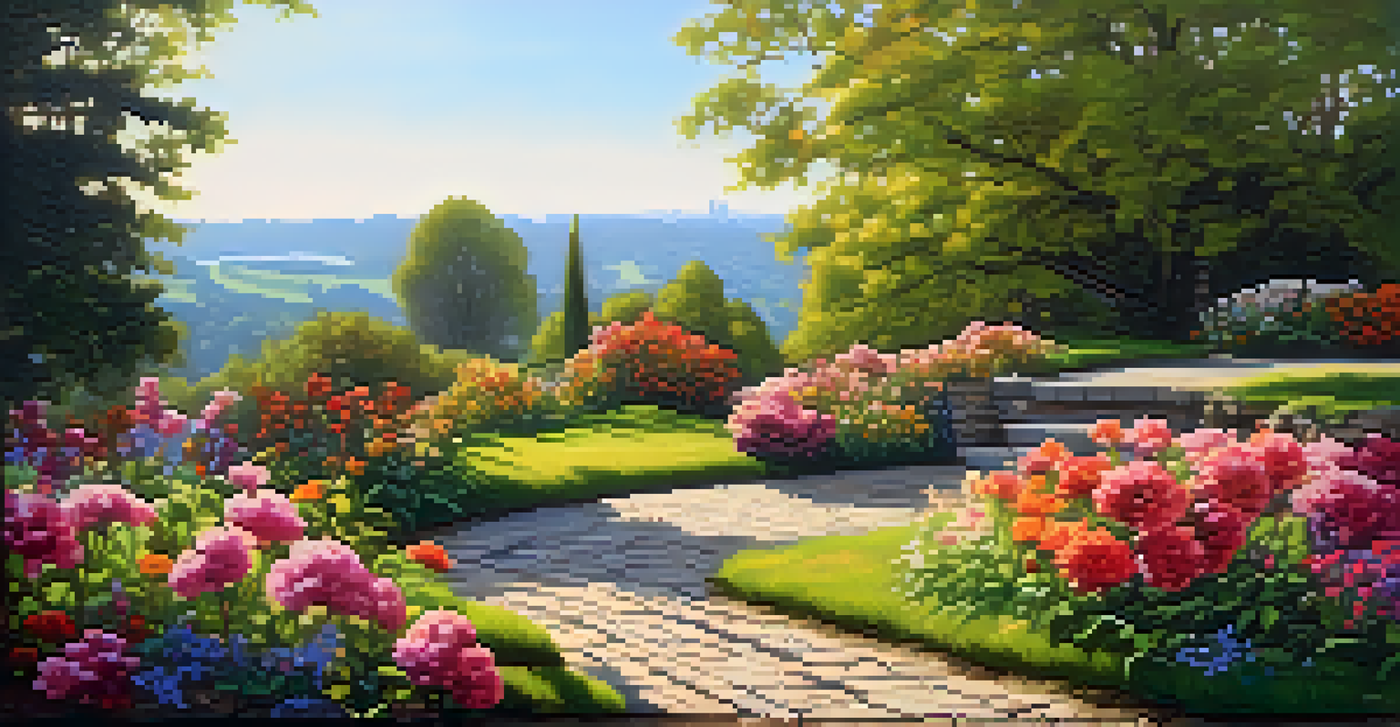 A pair of comfortable walking shoes on a cobblestone path adorned with blooming flowers, under warm sunlight.