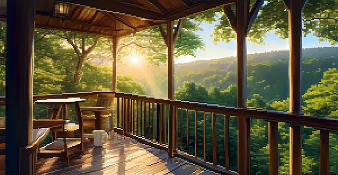 A treehouse in a forest, featuring a balcony with a cup of coffee and sunlight filtering through leaves.