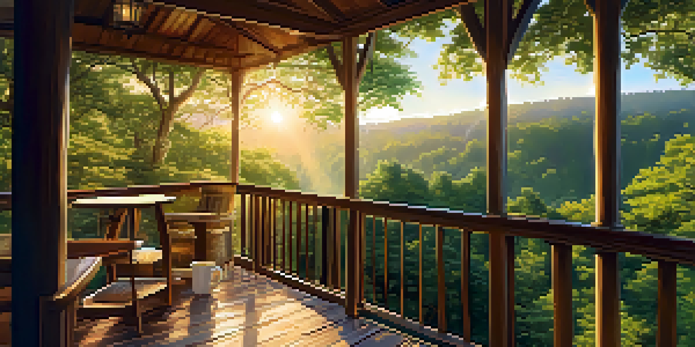 A treehouse in a forest, featuring a balcony with a cup of coffee and sunlight filtering through leaves.