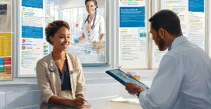 A healthcare professional explains travel vaccinations to a traveler in a bright clinic, with medical posters and a tablet showing a vaccination schedule.