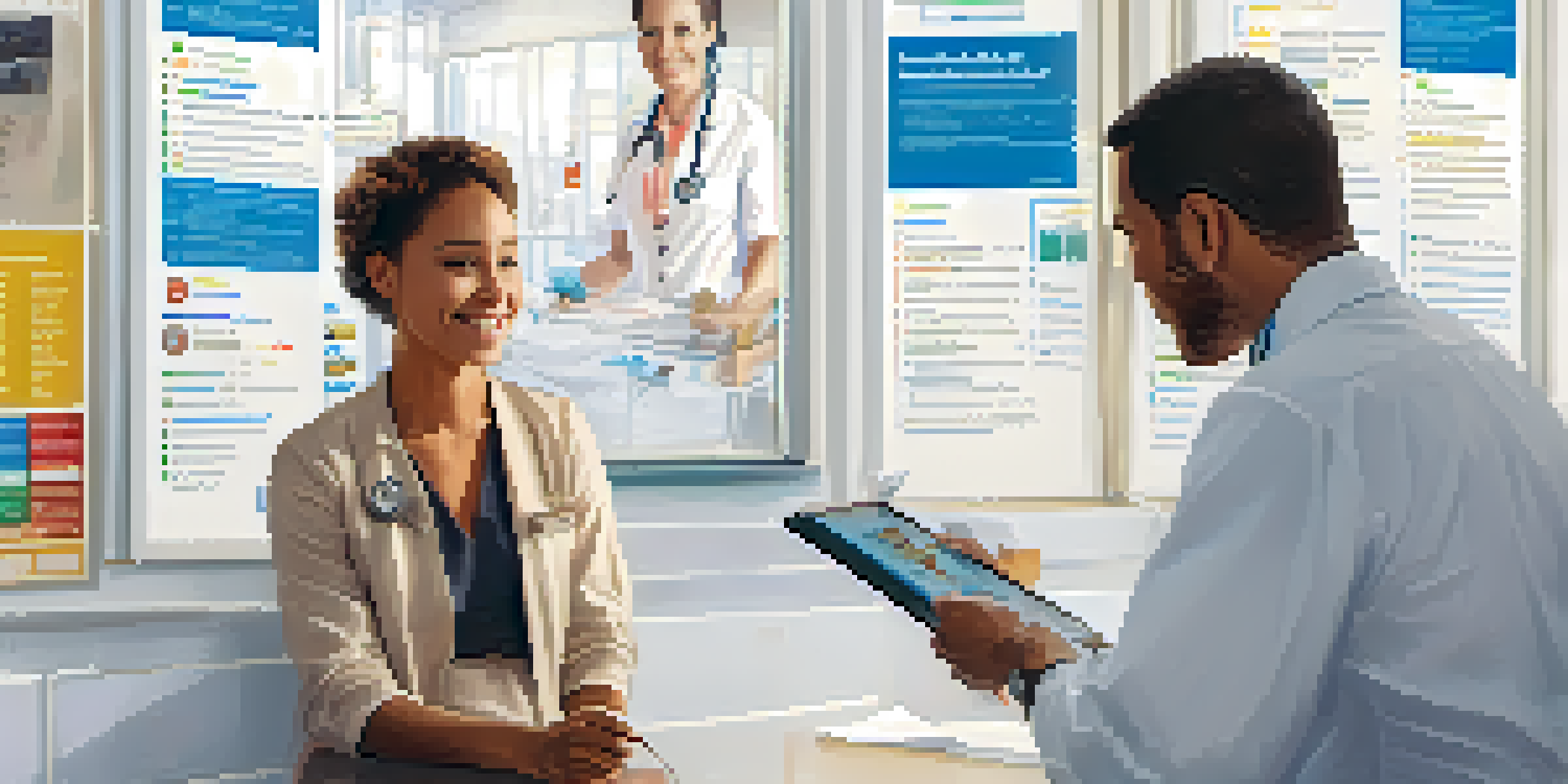 A healthcare professional explains travel vaccinations to a traveler in a bright clinic, with medical posters and a tablet showing a vaccination schedule.