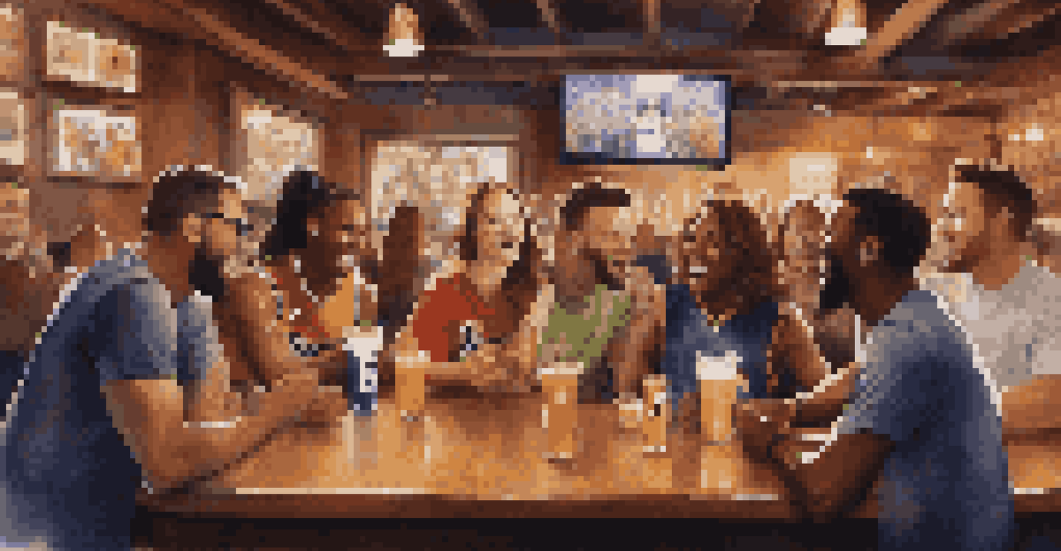 A close-up of friends in a sports bar watching the NBA Finals, wearing jerseys and cheering, surrounded by sports memorabilia.
