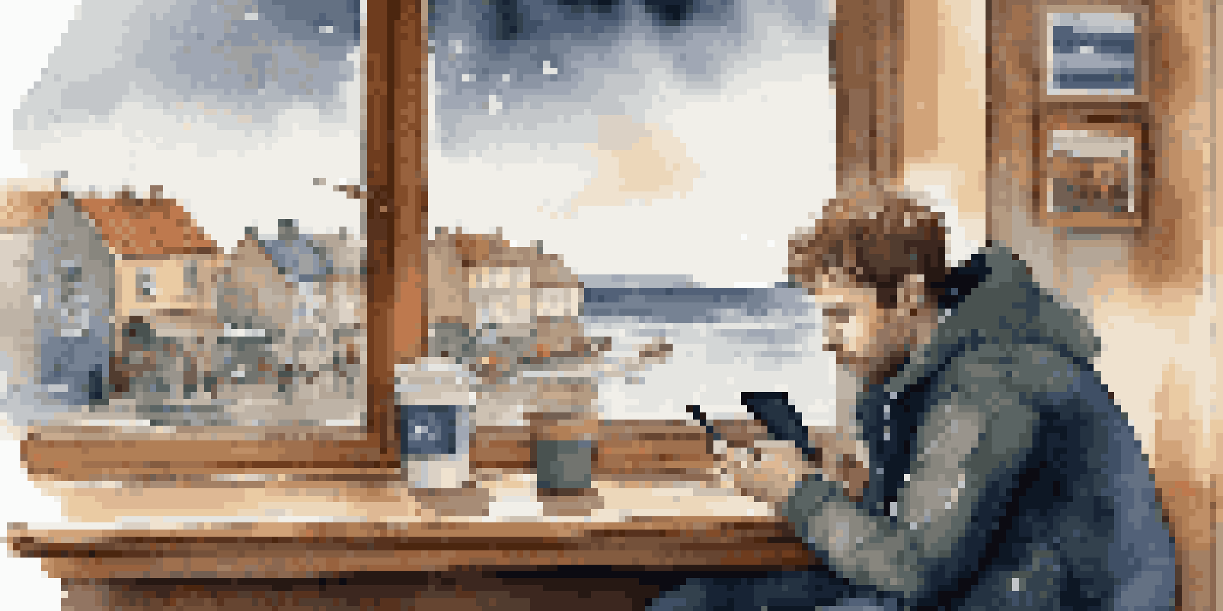A traveler in a coffee shop checking a weather app on their smartphone, with a stormy coastal scene visible through the window.