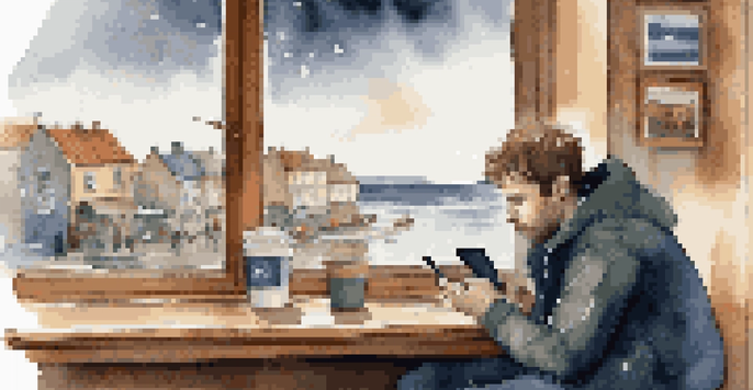 A traveler in a coffee shop checking a weather app on their smartphone, with a stormy coastal scene visible through the window.