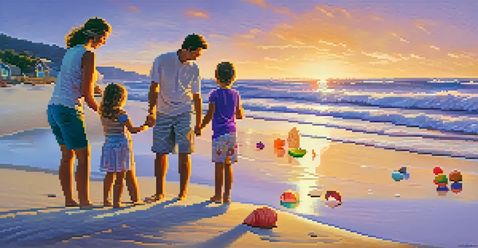 A family enjoying a playful moment on the beach during sunset, with beautiful colors in the sky.
