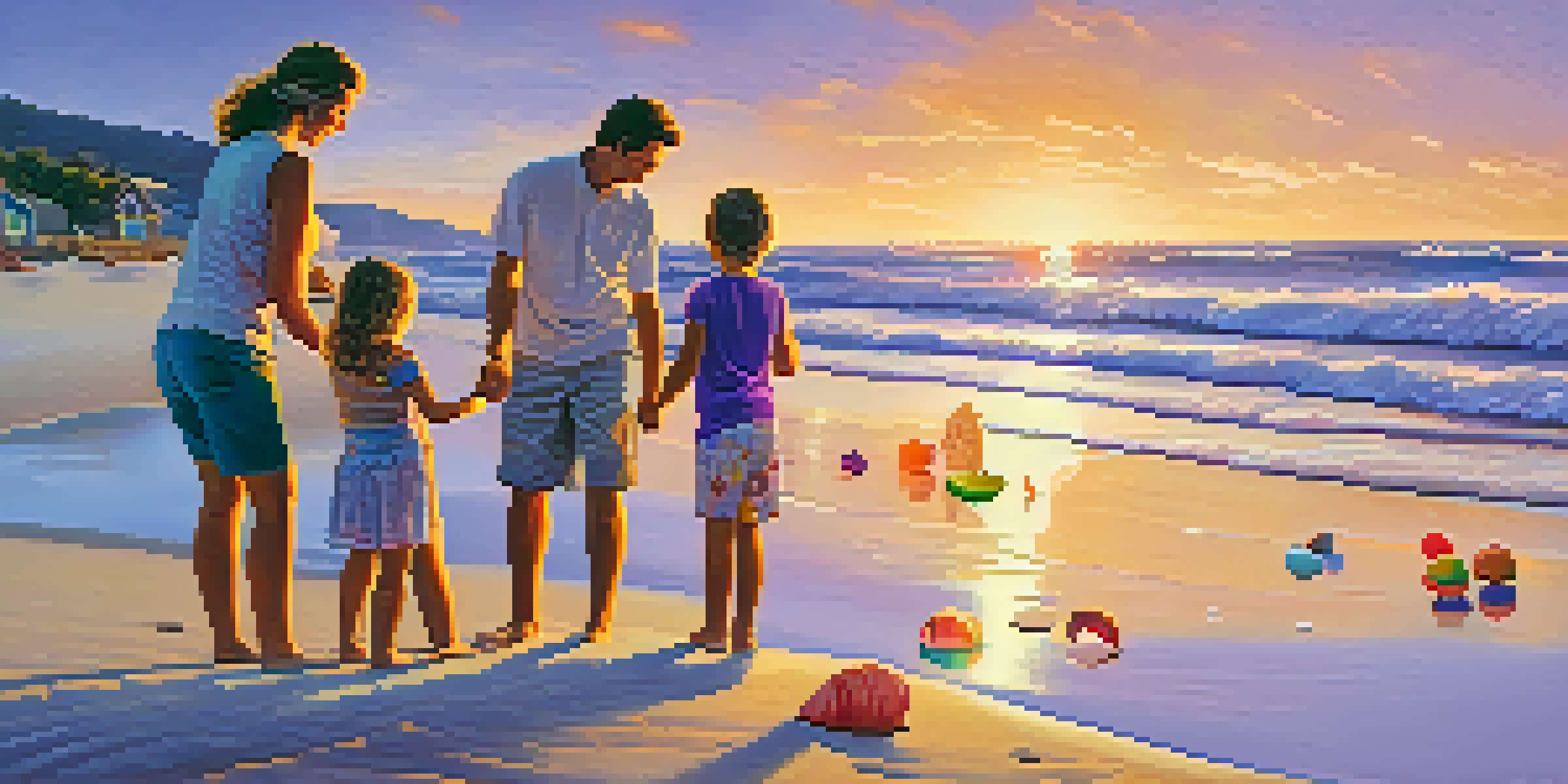 A family enjoying a playful moment on the beach during sunset, with beautiful colors in the sky.