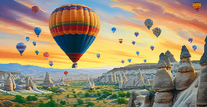 A hot air balloon floats over Cappadocia's unique rock formations at sunrise, surrounded by other balloons in a colorful sky.