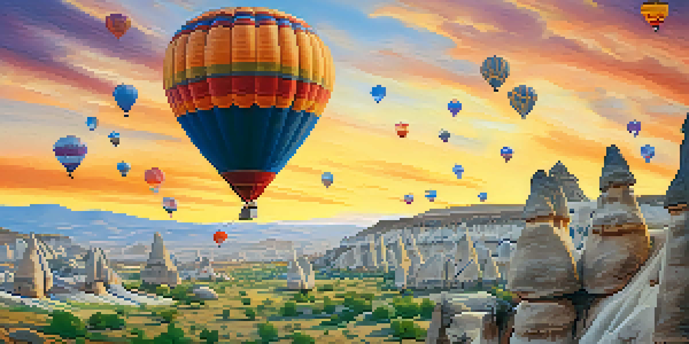 A hot air balloon floats over Cappadocia's unique rock formations at sunrise, surrounded by other balloons in a colorful sky.