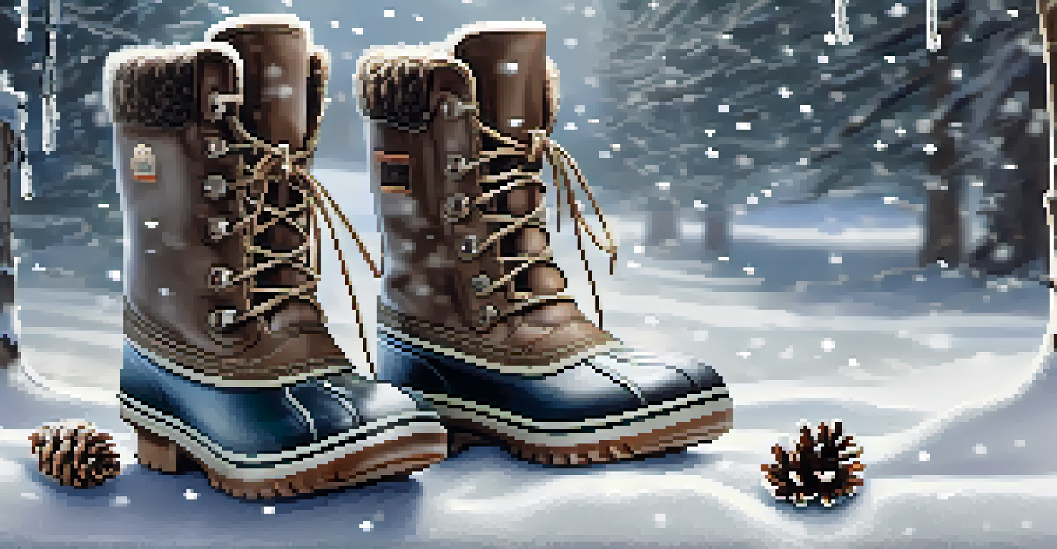 A close-up view of insulated winter boots on a snowy ground, surrounded by snowflakes and pinecones, showcasing their design and material.
