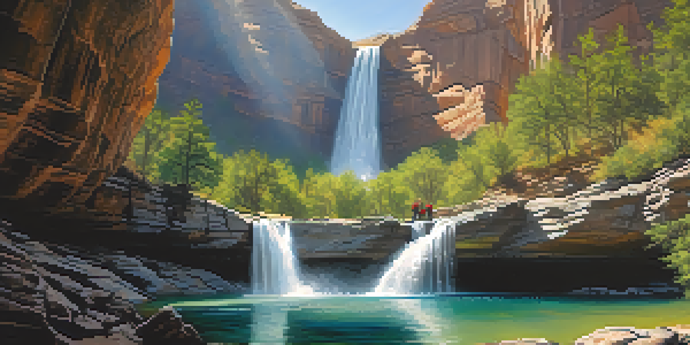 A scenic canyon with a waterfall, rock formations, and adventurers in wetsuits preparing to rappel.