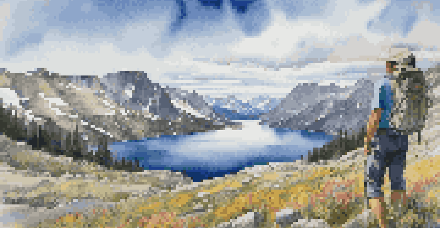 A stunning mountain view from the Beartooth Highway, featuring a hiker at a viewpoint with alpine lakes and wildflowers.
