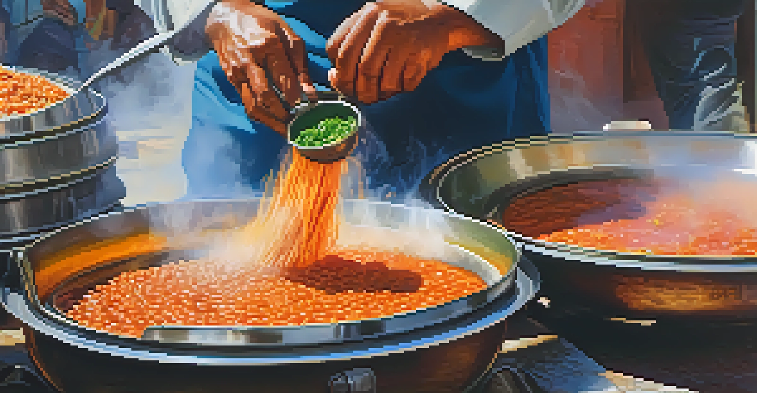 Close-up of a street vendor's hands cooking traditional dishes, with steam and vibrant ingredients visible.