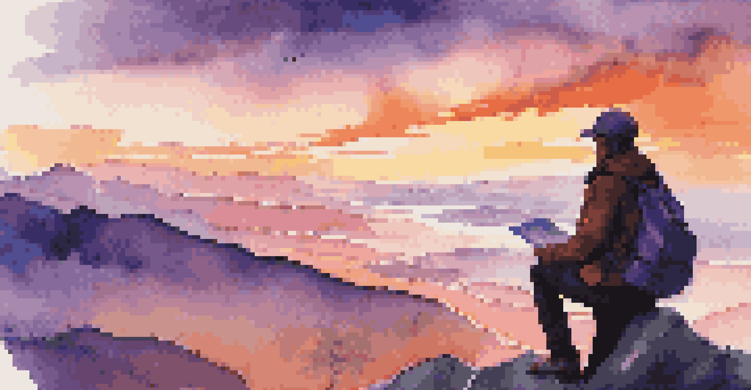 A traveler at a scenic viewpoint during sunset, holding a map and camera, with a vibrant sky in shades of orange, pink, and purple, symbolizing adventure and preparedness.