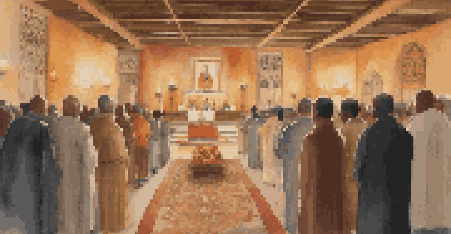 Participants in a religious ceremony, dressed in appropriate attire, gathered in a softly lit space, creating a peaceful atmosphere.