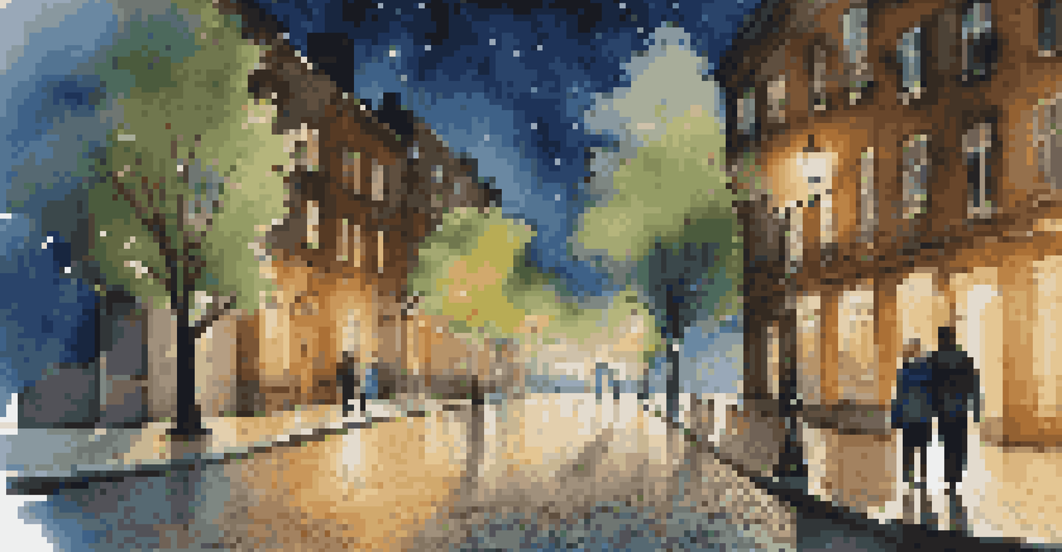 A city street at night with glowing street lamps and a couple walking hand in hand under a starry sky.
