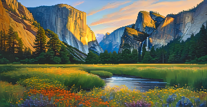 A scenic view of Yosemite National Park with granite cliffs and colorful wildflowers during sunset.
