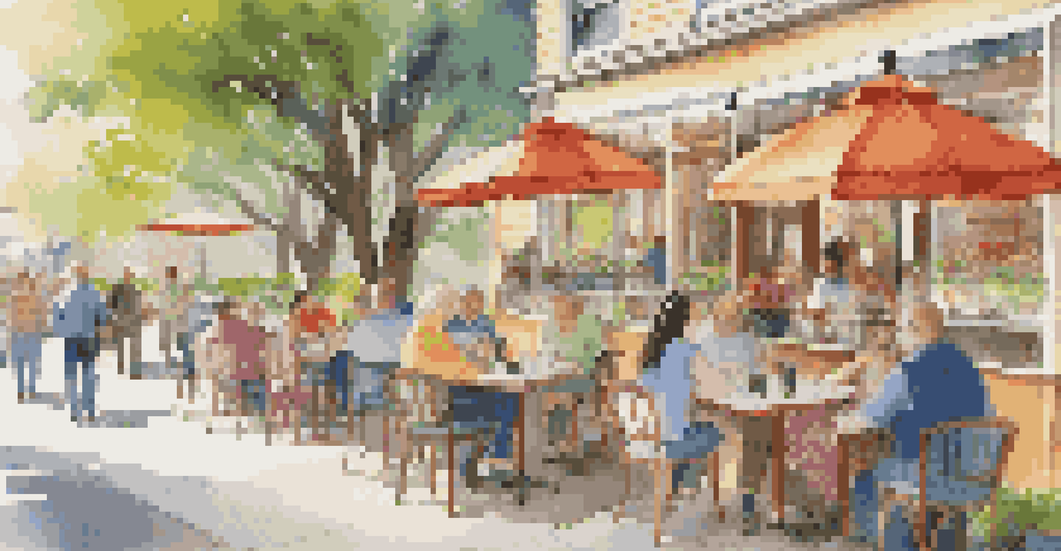 A vibrant café with outdoor accessible seating, diverse patrons, and a friendly barista serving coffee.