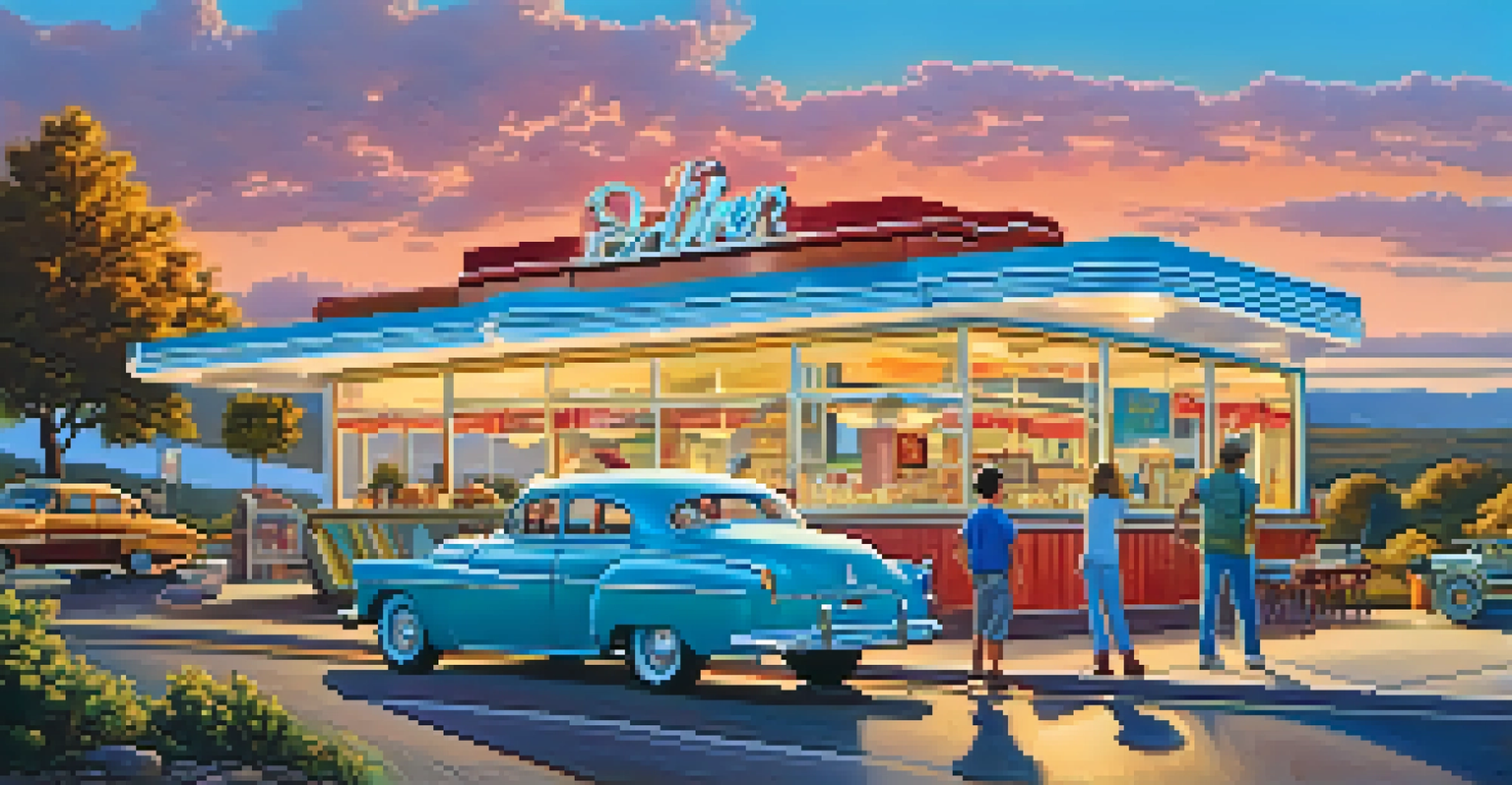 A family enjoying a roadside stop at a quirky diner with a stunning viewpoint in the background, surrounded by bright colors and clear blue skies.