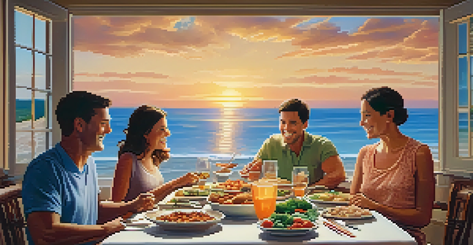 A family enjoying a meal together at a table, with a warm atmosphere and a sunset view outside.