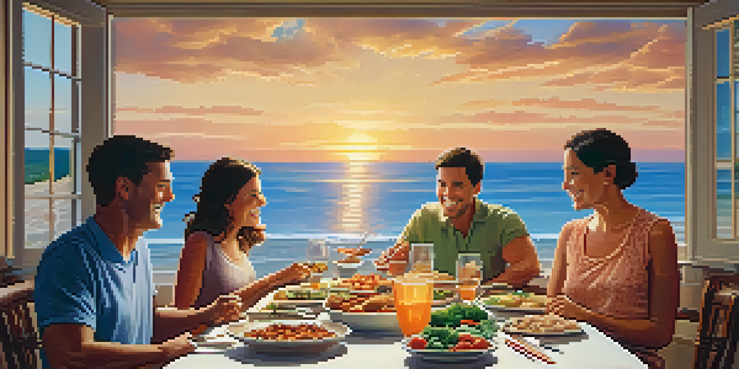 A family enjoying a meal together at a table, with a warm atmosphere and a sunset view outside.