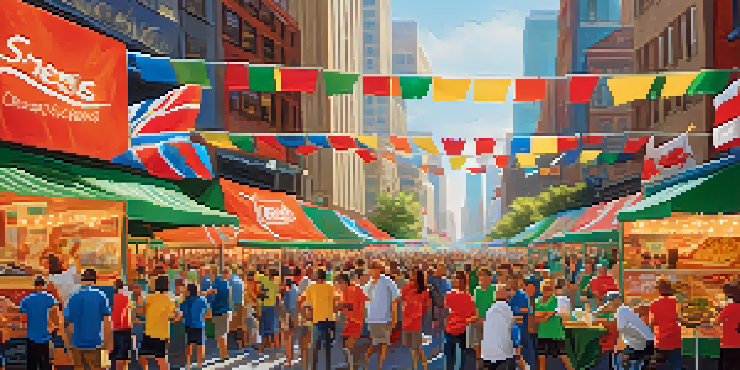 A lively city street filled with enthusiastic sports fans in team jerseys, vibrant banners, and food trucks, creating an exciting atmosphere.