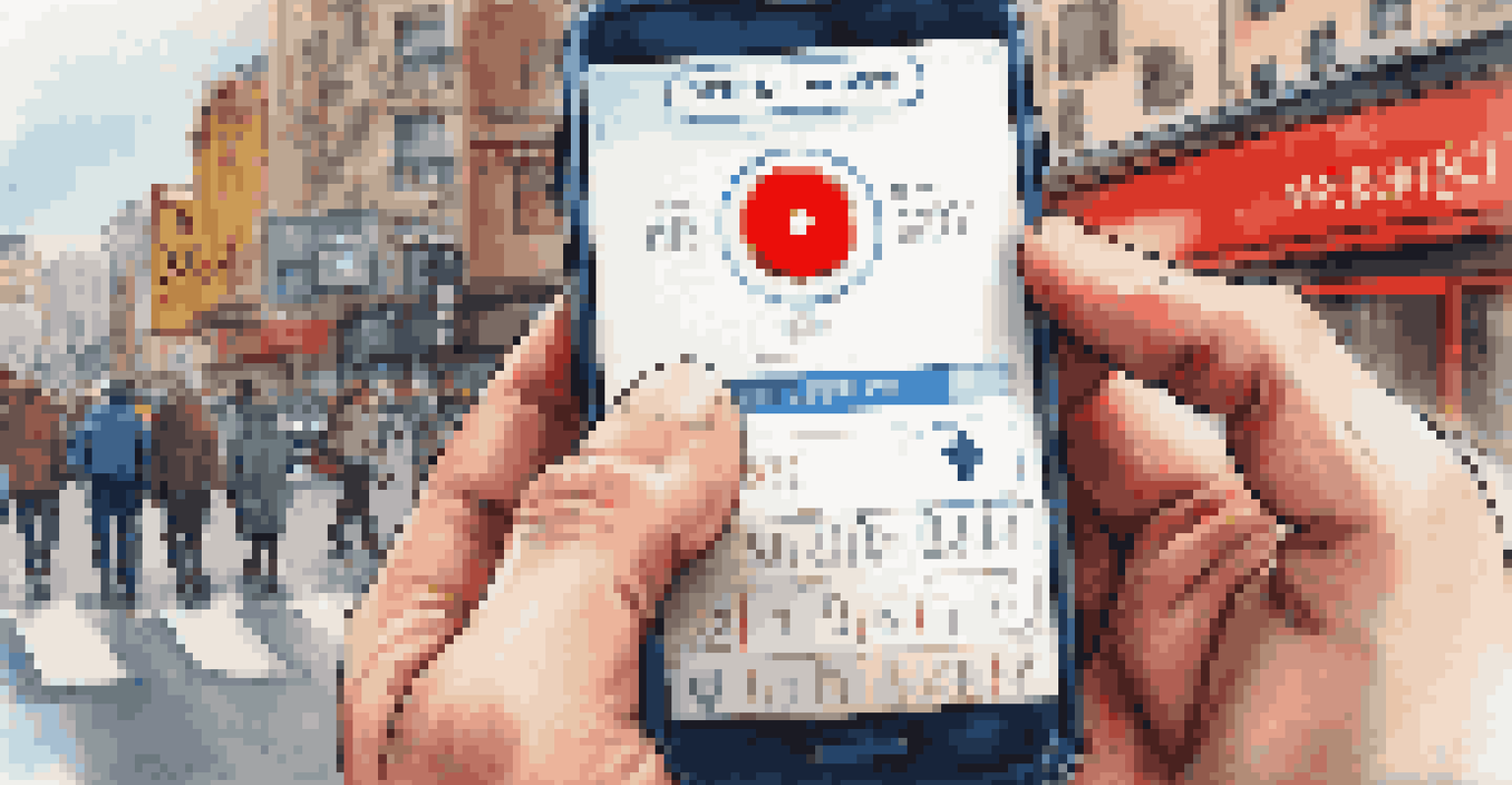 A close-up of a hand holding a smartphone with an emergency app interface, set against a blurred city street background.