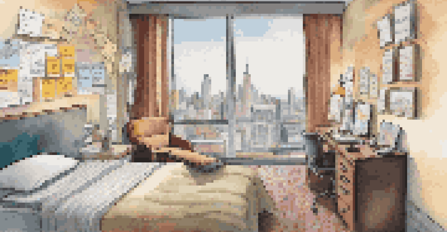 A hotel room where a traveler labels items with sticky notes in a foreign language.