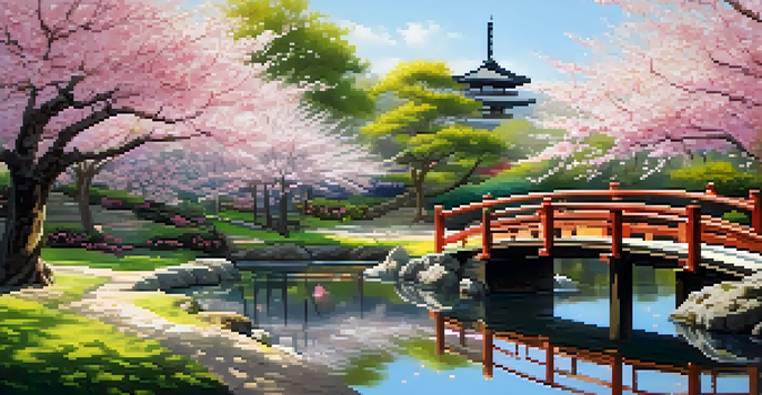 A peaceful Japanese garden with cherry blossom trees, a koi pond, and a wooden bridge.
