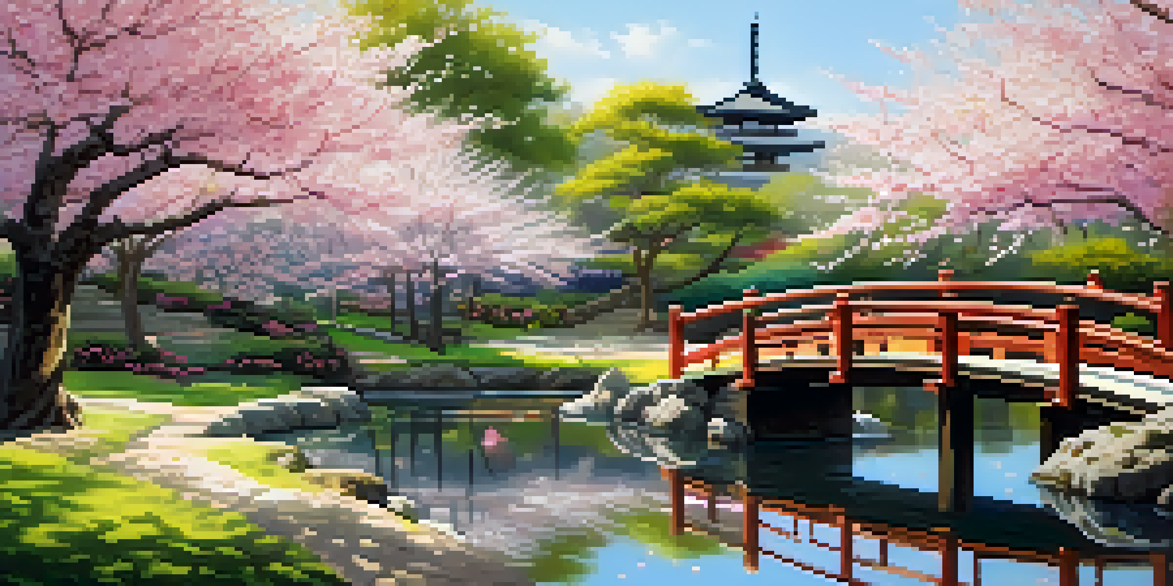 A peaceful Japanese garden with cherry blossom trees, a koi pond, and a wooden bridge.