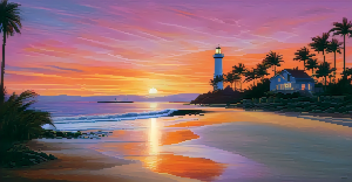 A coastal scene at sunset with palm trees and a lighthouse, reflecting colors on calm waters.