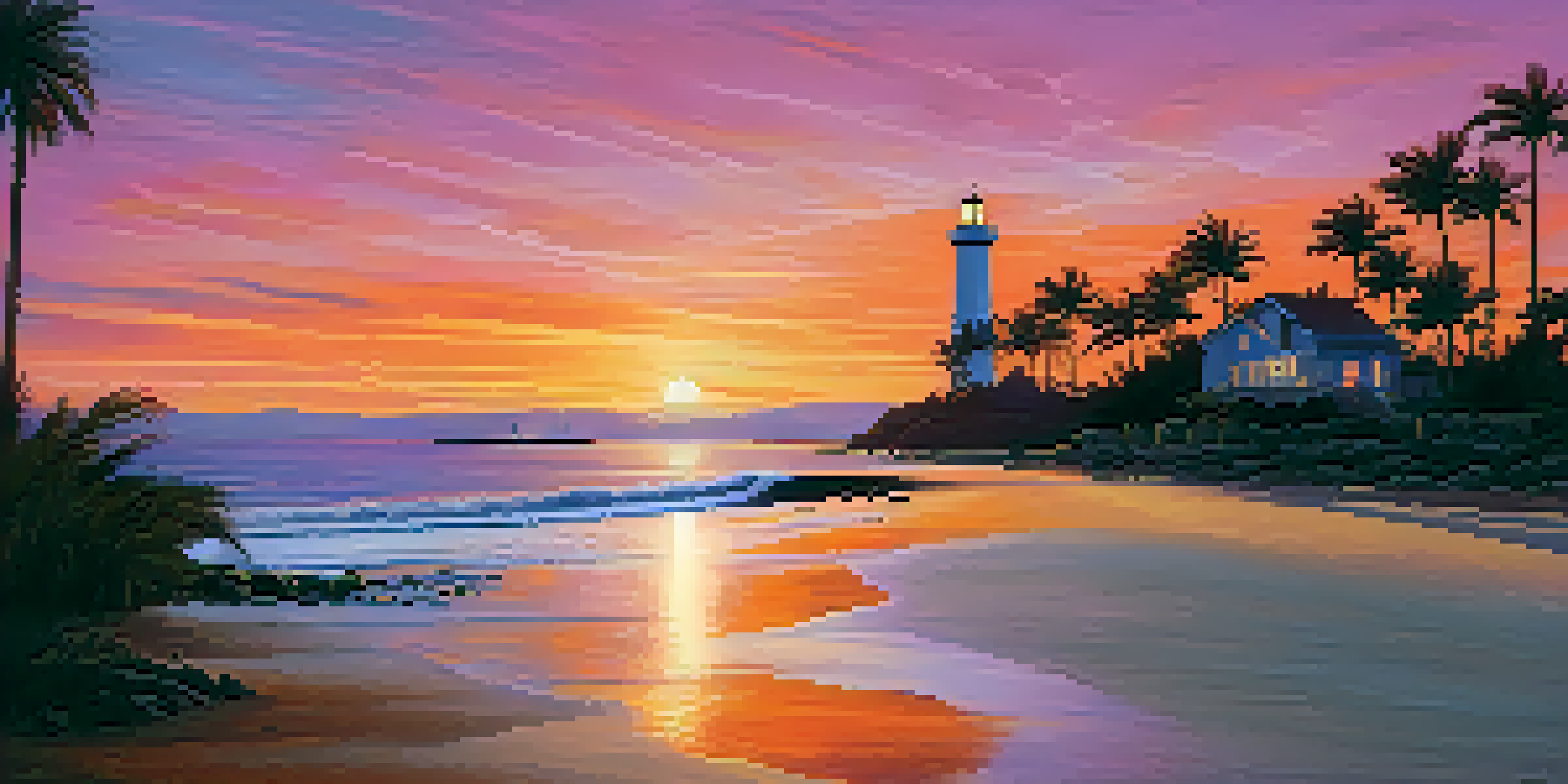 A coastal scene at sunset with palm trees and a lighthouse, reflecting colors on calm waters.
