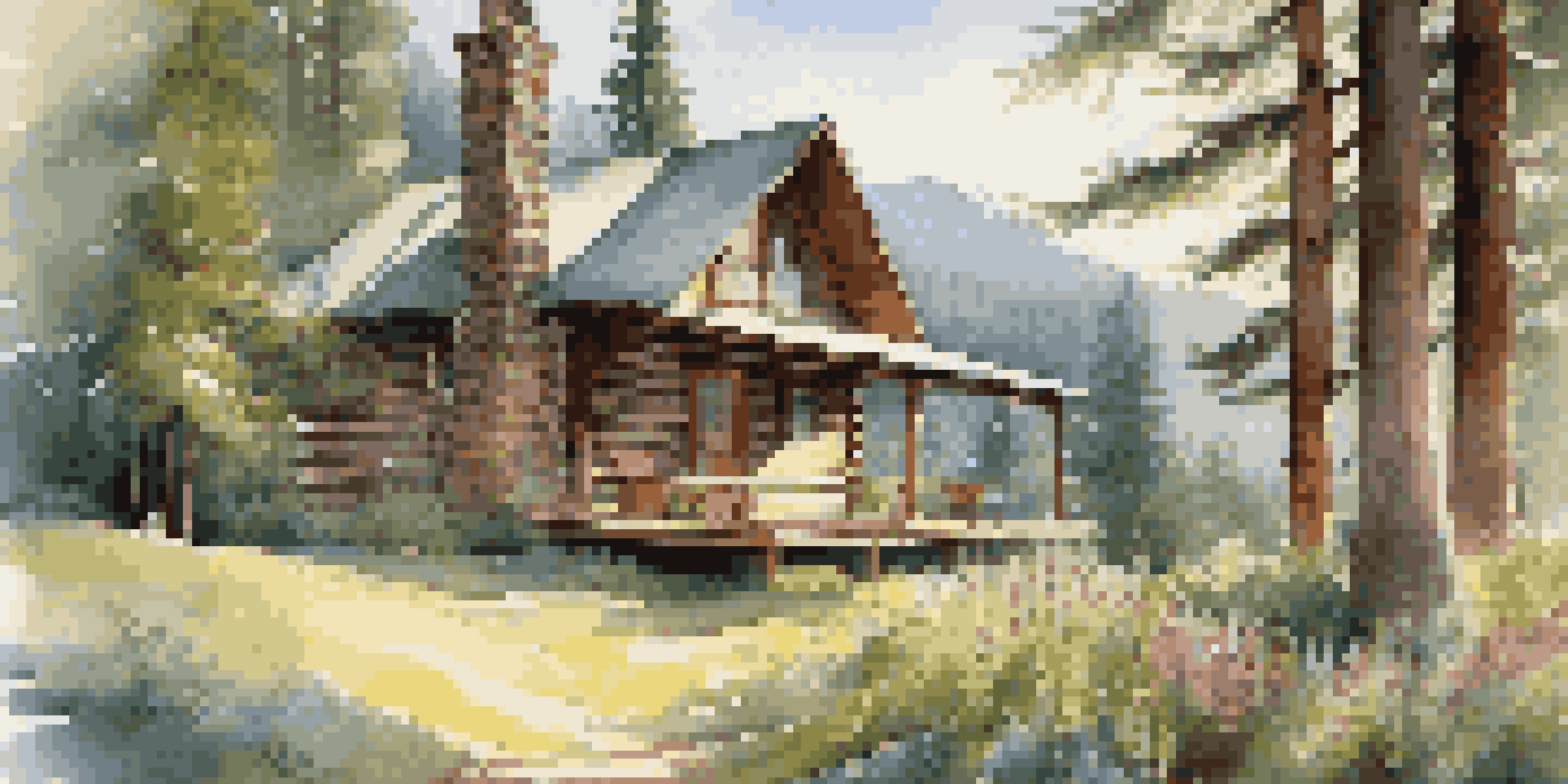 A cozy wooden cabin surrounded by green pine trees and wildflowers, with sunlight filtering through the branches.