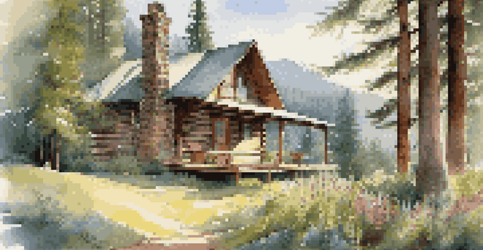 A cozy wooden cabin surrounded by green pine trees and wildflowers, with sunlight filtering through the branches.