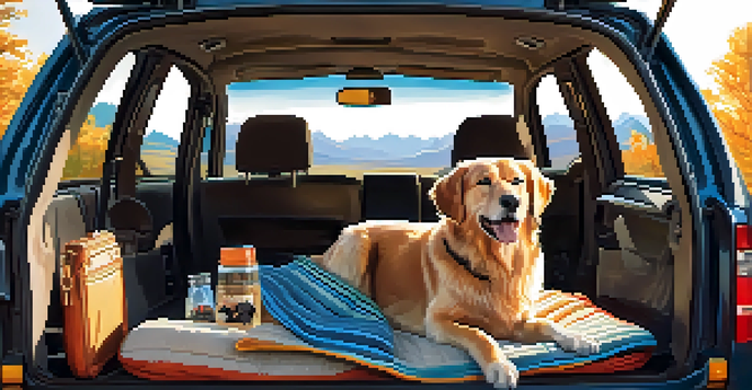 A happy dog sits in a pet carrier inside a car, with sunlight illuminating the scene and a beautiful landscape visible outside the windows.