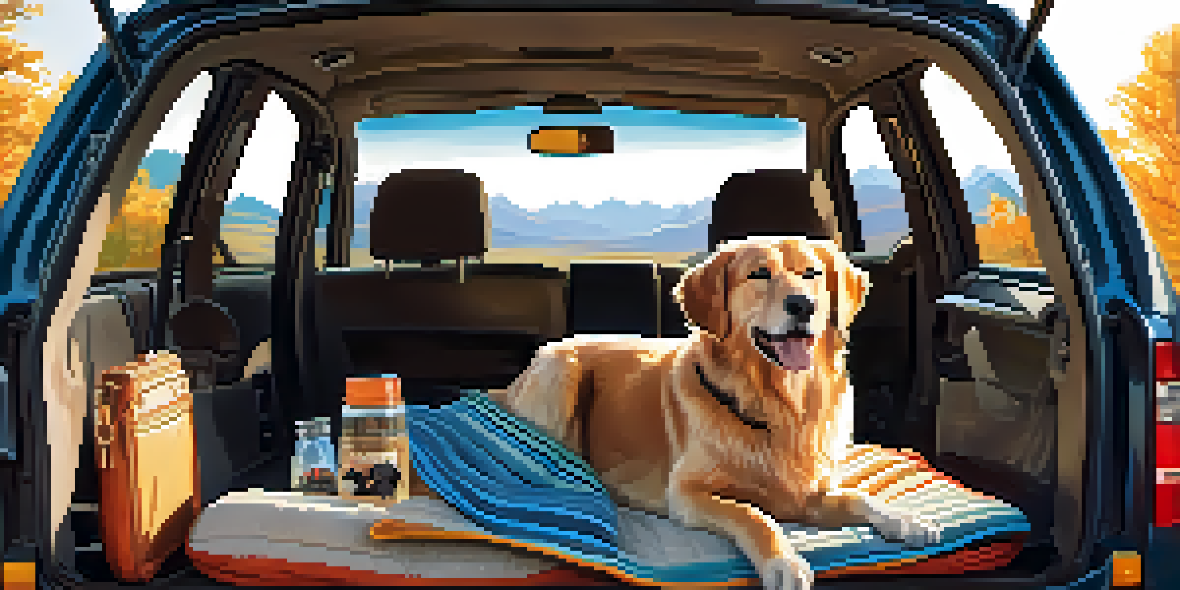 A happy dog sits in a pet carrier inside a car, with sunlight illuminating the scene and a beautiful landscape visible outside the windows.
