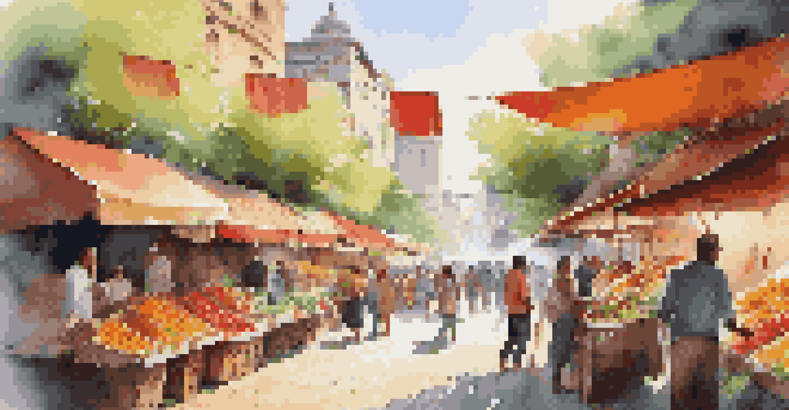 A lively street market scene in a city with colorful stalls and people engaging with each other.