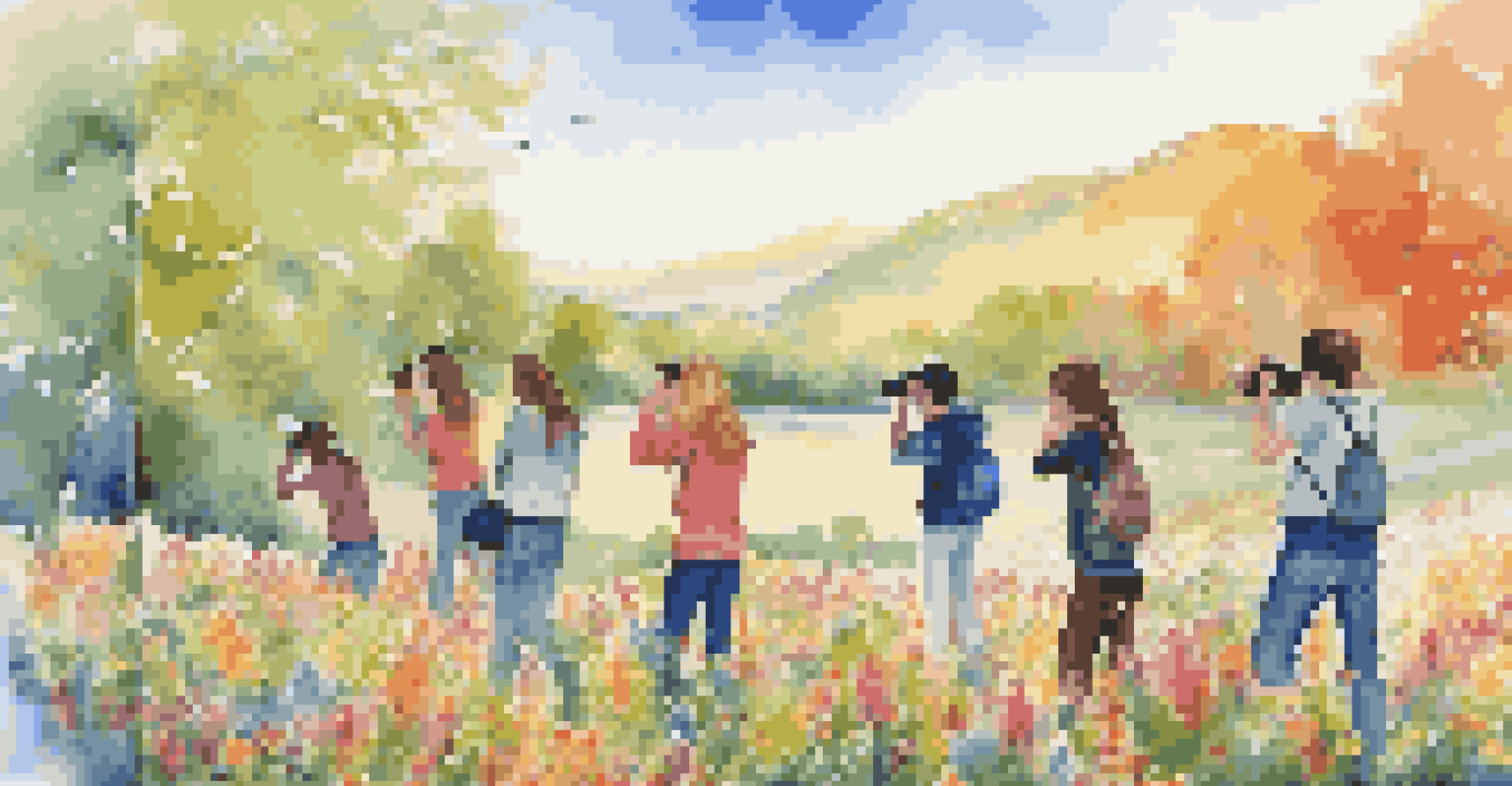 A group of creative teens taking photos during a photo challenge in a picturesque natural setting, surrounded by colorful flowers and a bright blue sky.