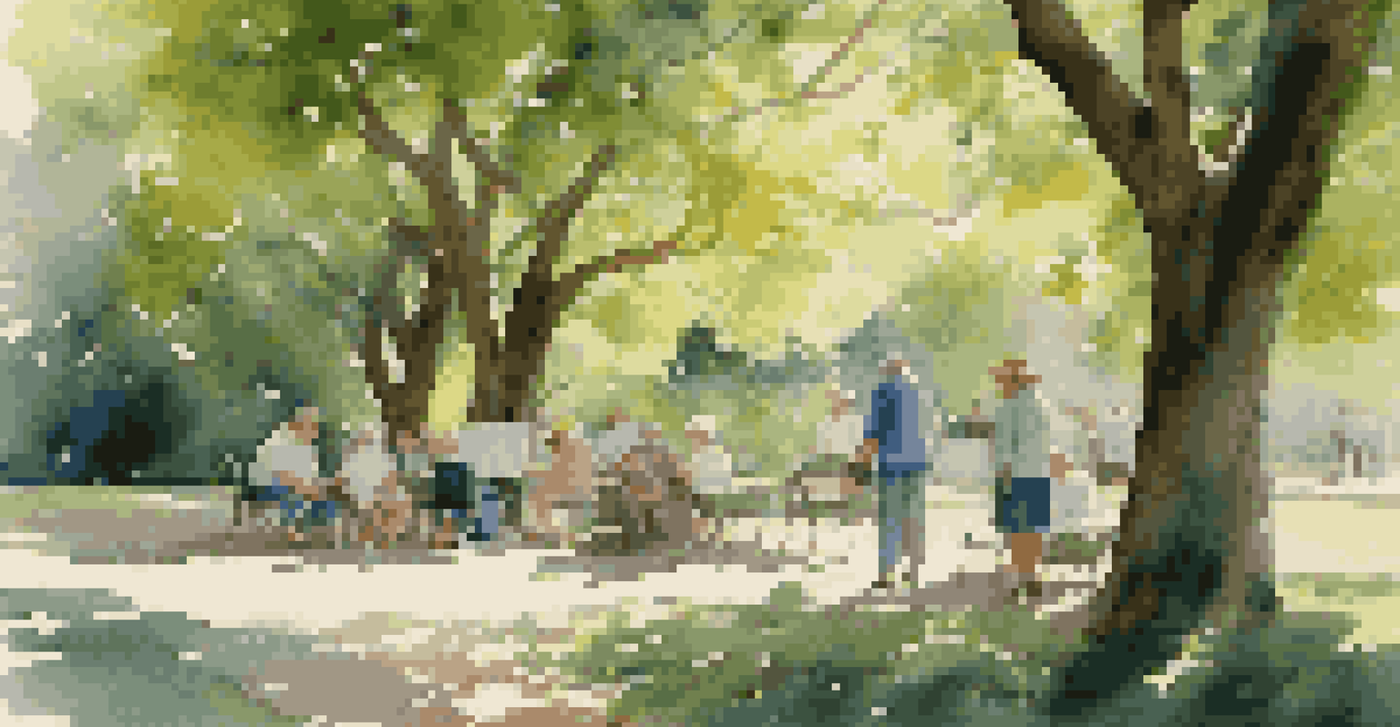 An elderly artist painting in a park with children watching in the background.