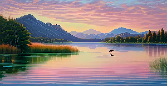 A peaceful lake surrounded by mountains at sunrise with soft colors in the sky and a heron by the shore.