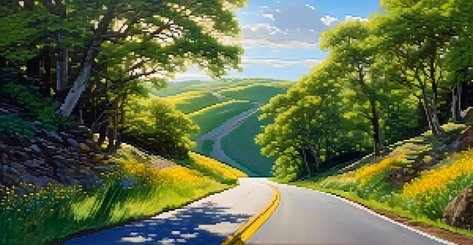 A winding road surrounded by lush greenery and colorful wildflowers under a bright blue sky.
