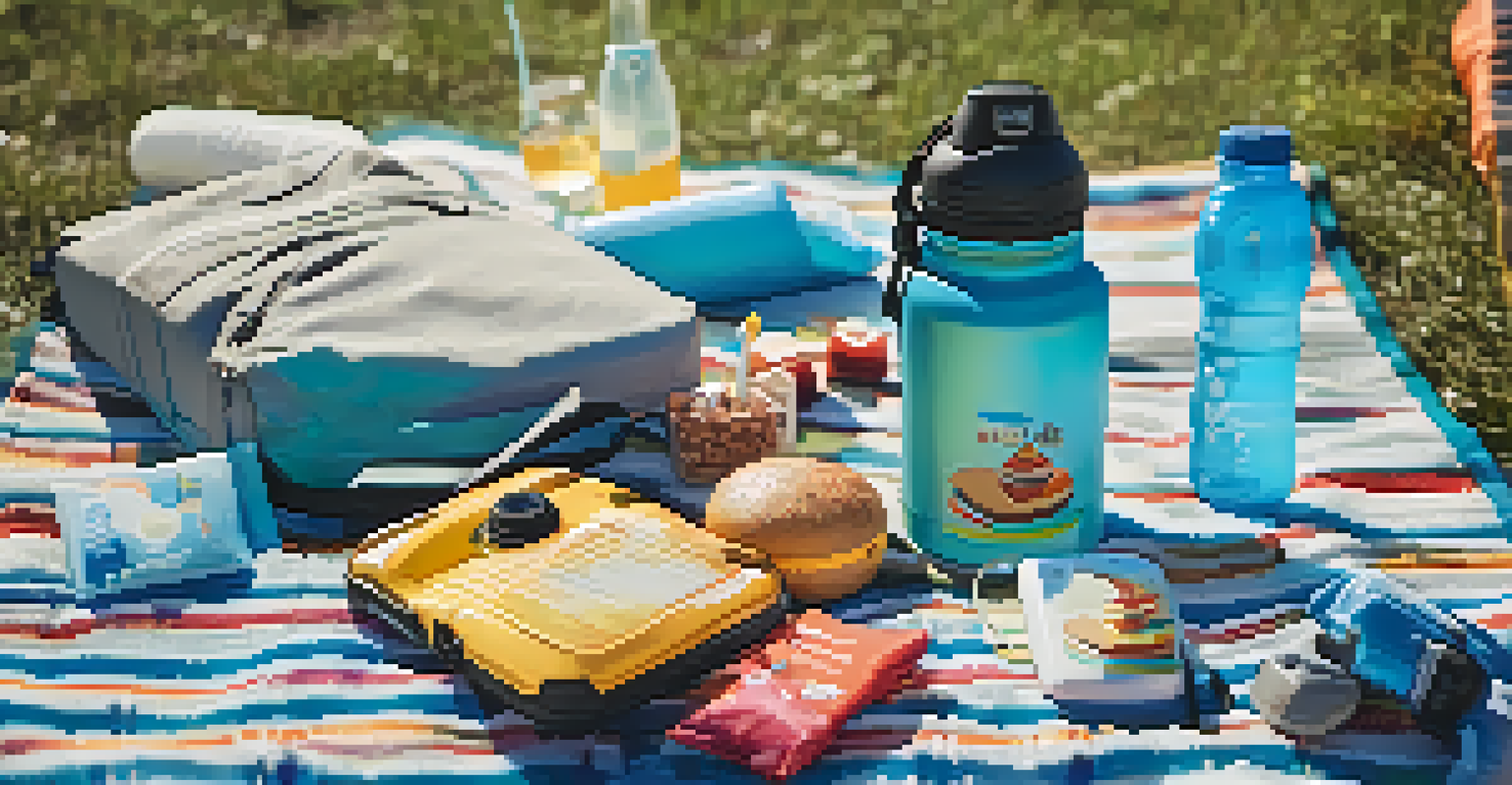 A picnic blanket displaying festival essentials such as a water bottle, sunscreen, snacks, and a portable charger, with festival-goers blurred in the background.