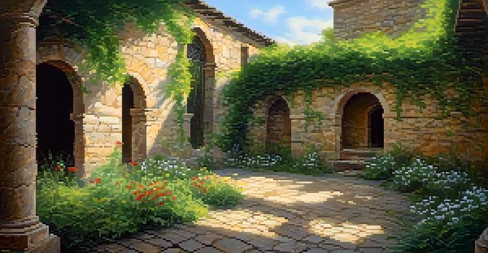 A peaceful courtyard with crumbling stone walls, overgrown with ivy and wildflowers, bathed in soft golden sunlight.