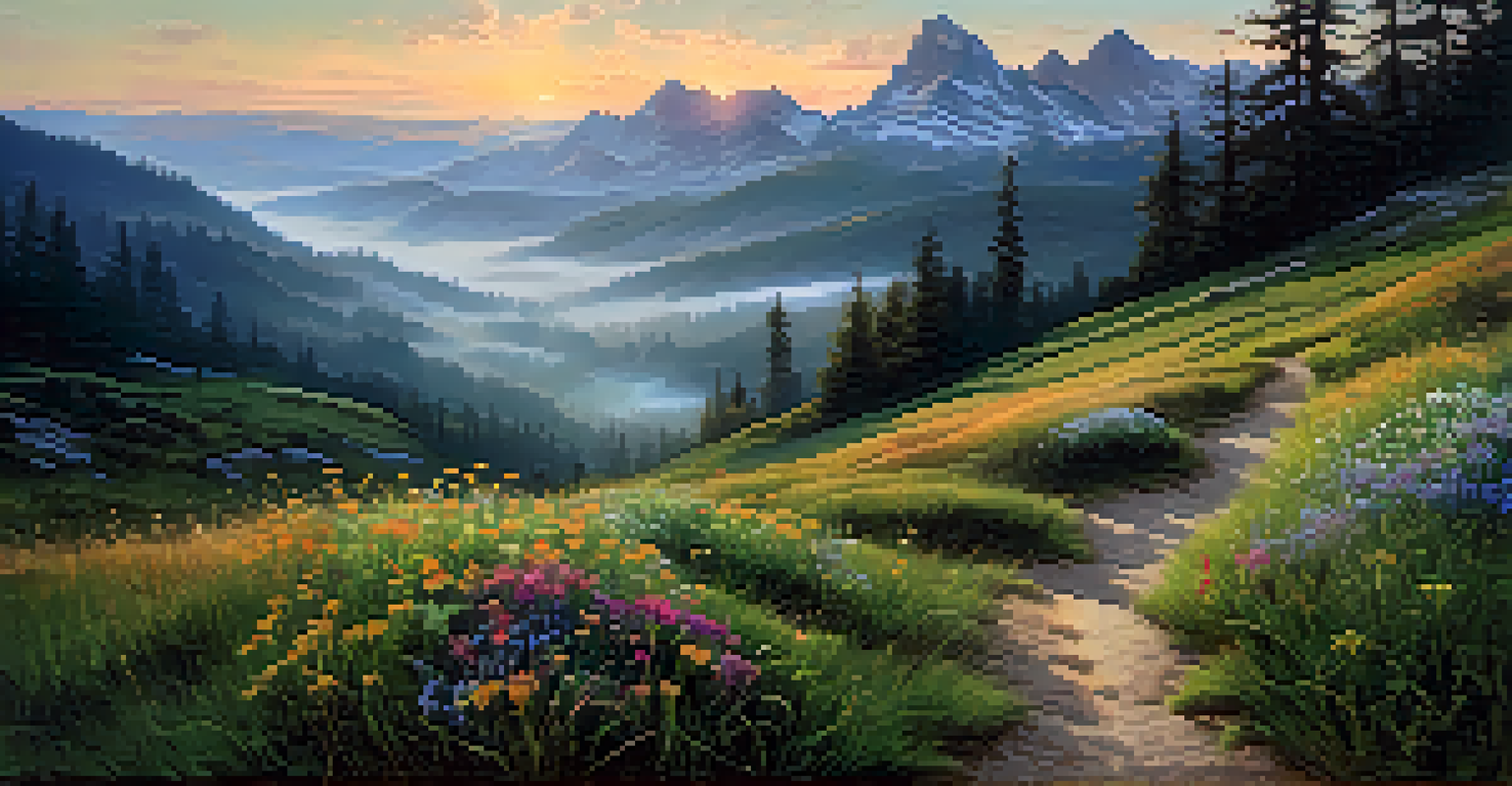A mountain landscape at dawn with mist, golden light, and colorful wildflowers in a meadow.