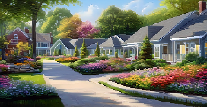 A peaceful senior living community with independent cottages and seniors enjoying their day in a green environment.
