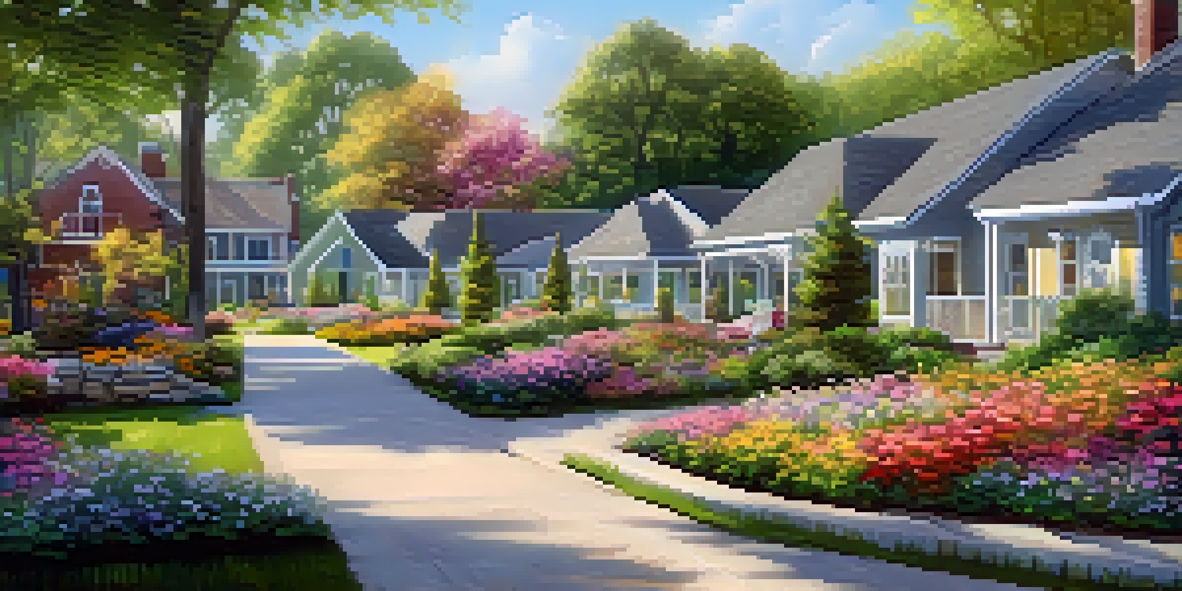 A peaceful senior living community with independent cottages and seniors enjoying their day in a green environment.