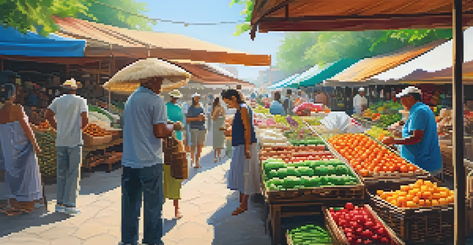 A lively local market with colorful crafts and fresh produce, where vendors and tourists interact under sunlight.