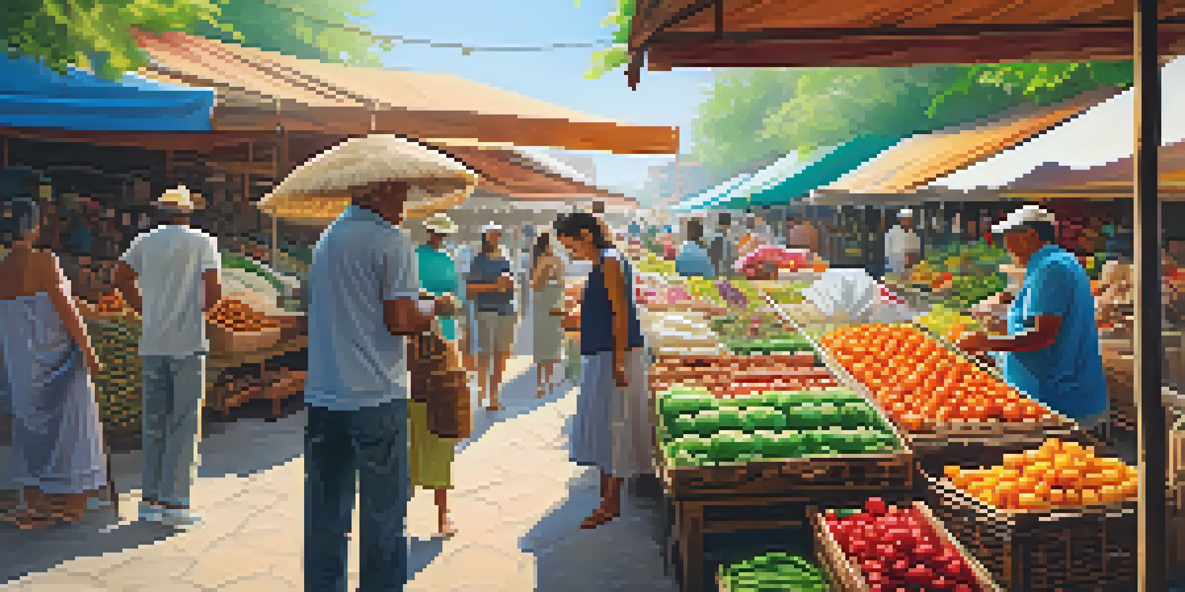 A lively local market with colorful crafts and fresh produce, where vendors and tourists interact under sunlight.