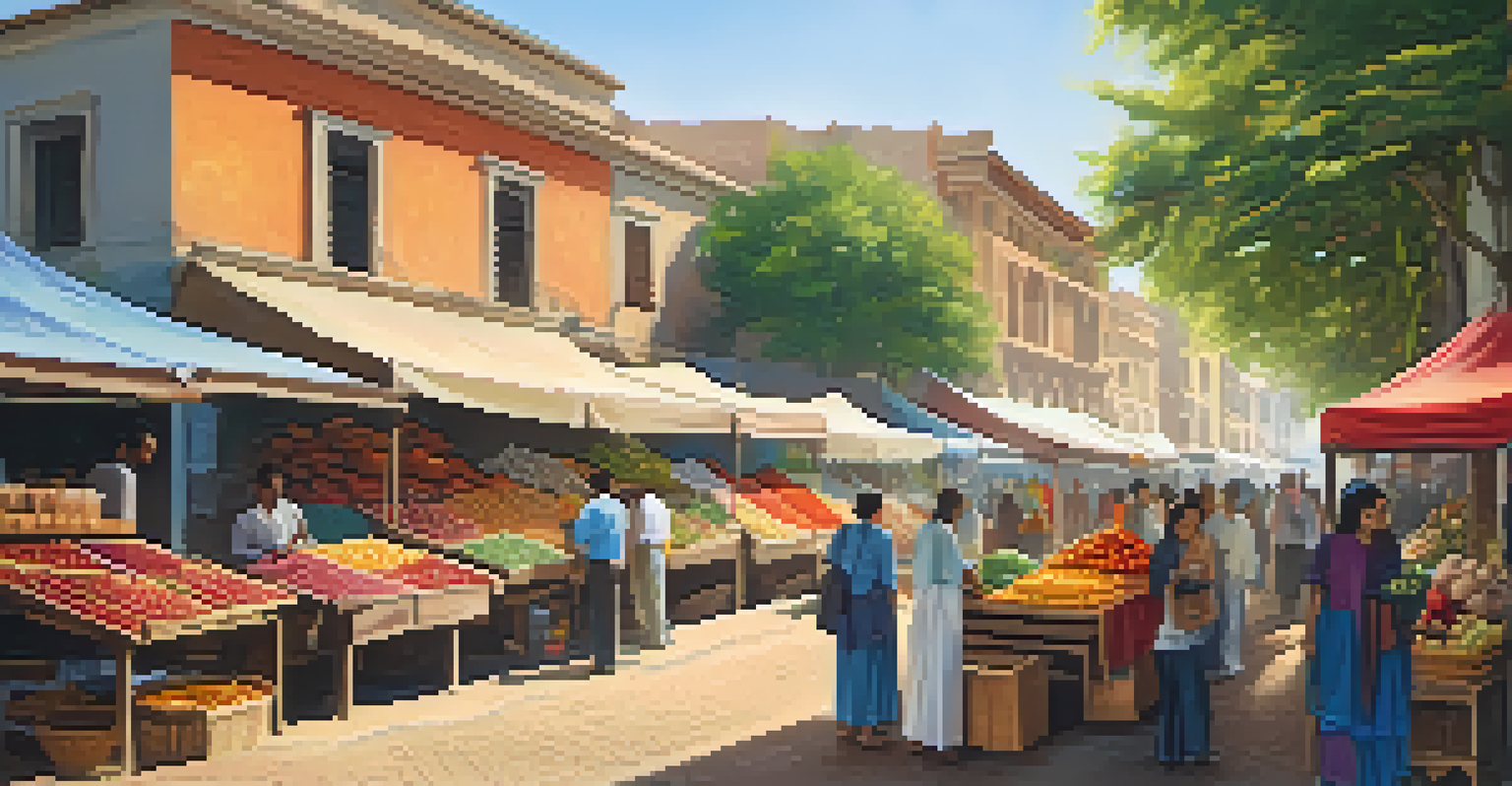 A lively street market with colorful stalls filled with fresh produce and handmade crafts.
